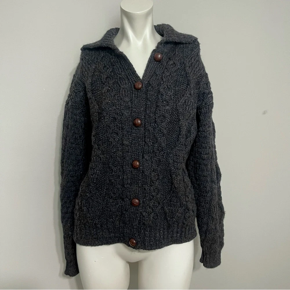 VTG 90s L.L. Bean Womens Irish Fisherman Cable Knit Button Down Cardigan Sweater - Picture 2 of 7